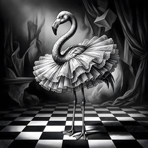 Surreal Flamingo in Tutu — A black and white, highly detailed, surrealist illustration depicts a {argument name="animal" default="flamingo"} standing on a check