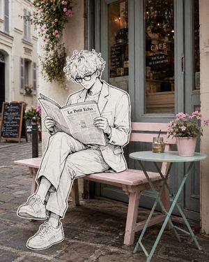 Mixed Media Parisian Cafe Scene — Create a surreal editorial street photograph that seamlessly blends a real-life {argument name="setting" default="Parisian caf