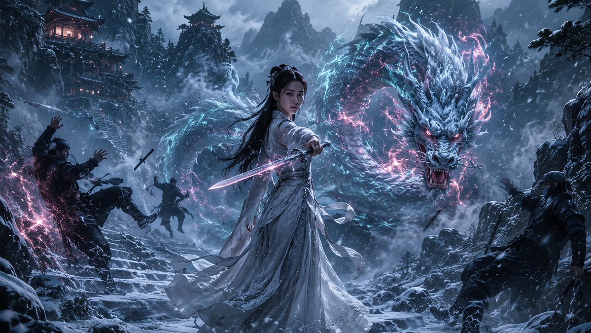 Chinese Warrior and Dragon Snow Scene