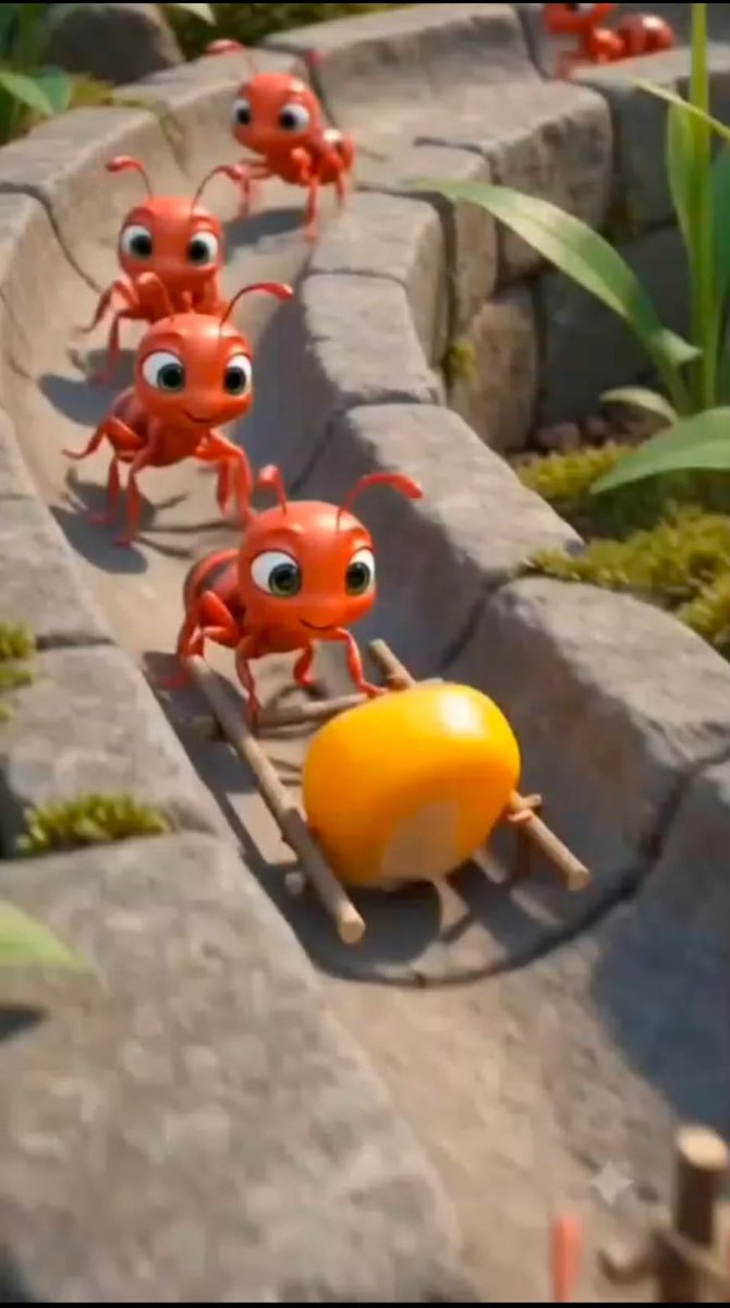 Cartoon Ants Carrying a Golden Seed