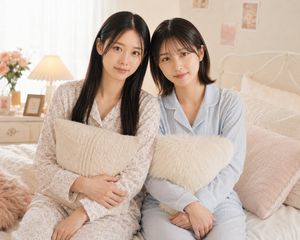 Two Women in Pastel Pajama Bedroom — Create a realistic, softly lit lifestyle photograph of two young East Asian women sitting close together on a cozy bed in a