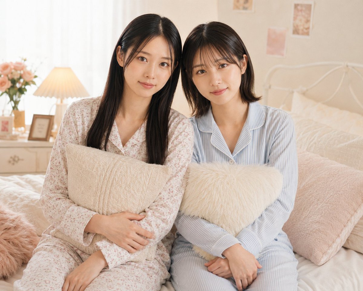 Two Women in Pastel Pajama Bedroom