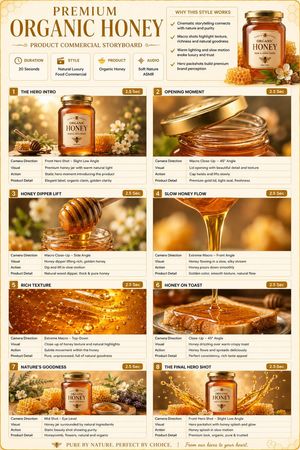 Premium Organic Honey Commercial Storyboard — TITLE: Premium Organic Honey Product Commercial Storyboard

FORMAT:
• Single-page premium storyboard…