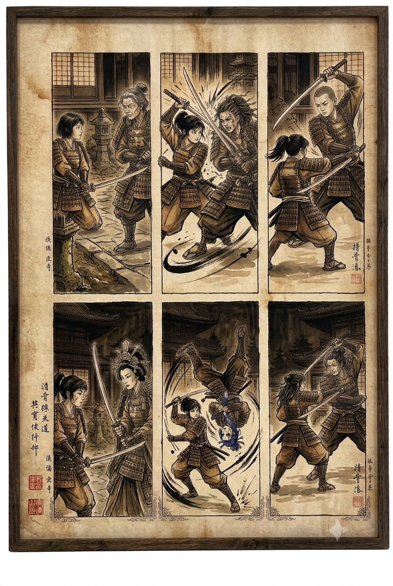 Samurai fight scene ukiyo-e triptych