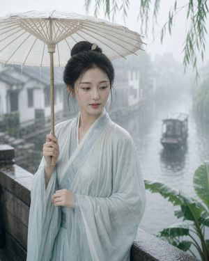 Misty Jiangnan Classical Portrait — 创作一幅竖版 4:5、电影感写实的江南古典人像摄影。\n主体是一位二十多岁的东亚年轻女子，气质温婉含蓄、清雅安静；目光平和略带羞涩。暖白自然肤色，保留细微真实肌理与雨天水润感；淡眉、浅绯唇色、克制自然的传统中式淡妆。乌黑长发挽成简洁松柔的中式发髻，