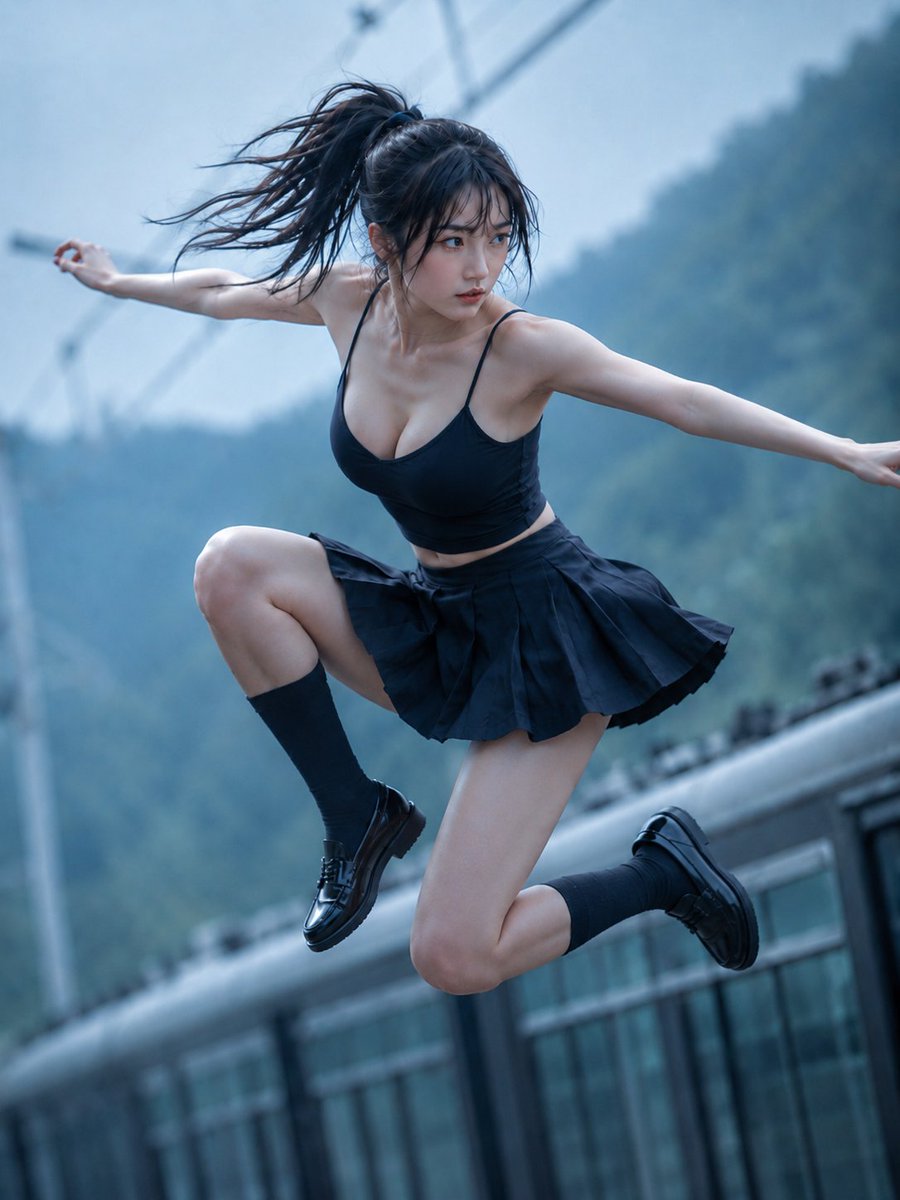 Action Jumping Shot in Black Skirt