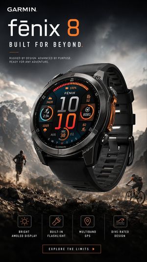 Garmin fēnix 8 Adventure Poster — Create a premium outdoor adventure editorial advertising poster for {argument name="product name" default="Garmin fēnix 8"}. V