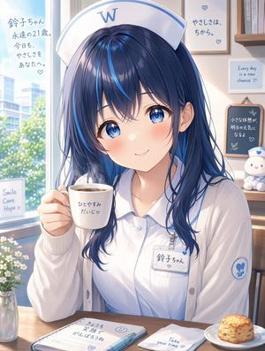 White Wing Nurse Break Room Portrait — Create a polished anime-style portrait illustration of {argument name="character name" default="鈴子ちゃん"}, an adult nurse m