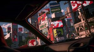 Anime Car View of Tokyo Billboards — Using REFERENCE_0 as the visual style reference, transform the scene from a trading desk setup into a cinematic anime view 