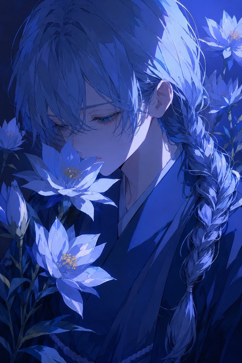 Blue Night Anime Flower Portrait