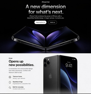Apple-Style iPhone Fold Landing Page — Goal: Create a polished Apple-style product landing page hero for a fictional {argument name="product name" default="iPho