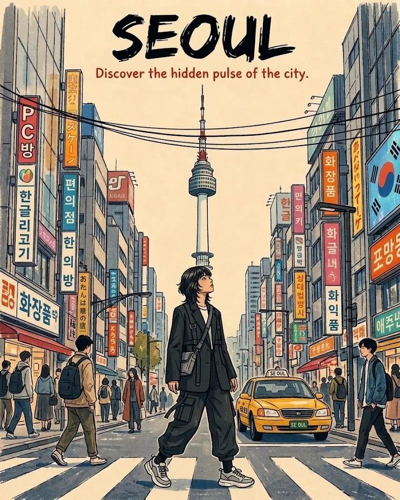 Seoul and Tokyo Retro Travel Poster