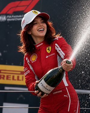 Formula 1 Victory Celebration — Ultra-realistic cinematic portrait of {argument name="driver name" default="Loryane"}, a red-haired {argument name="team" defaul