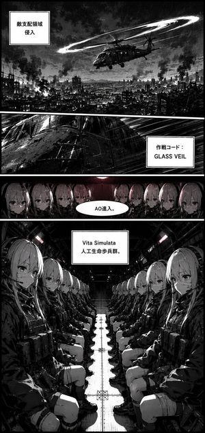 Retro Manga Helicopter Infiltration — Goal: Create a vertical black-and-white manga page in an older military sci-fi style, with thick black panel borders, grit