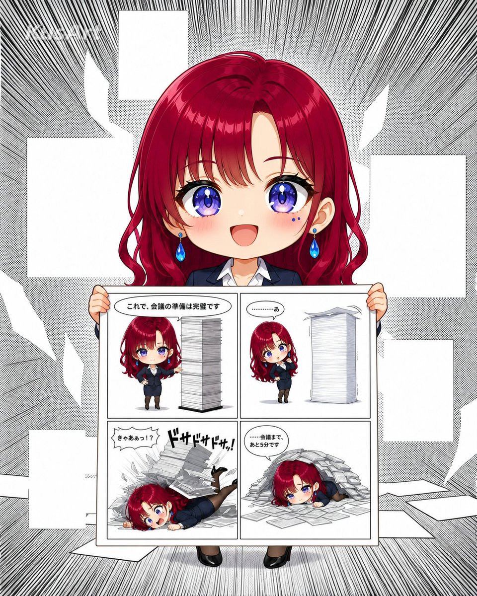Chibi Office Girl Holding 4-Panel Manga