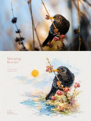 Impasto Oil Painting Micro-Landscape Poster — 请将我上传的每一张照片分别制作成一张独立的高级设计海报，不多图拼接，每张照片单独输出。整体采用3:4竖版构图，上下两个区域高度严格1:1，各占画面50%。

上半部分保留原始照片，保持主体身份、结构、比例、真实质感、自然光影和原