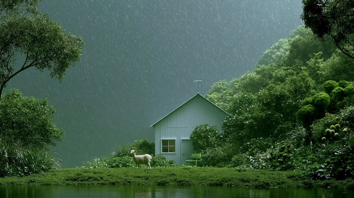 Rainy Cottage Garden With Sheep