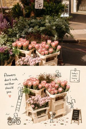 Whimsical Street Flower Stand Poster — Goal: Create a warm editorial-style vertical image about a charming street flower stand, combining a realistic photo scen