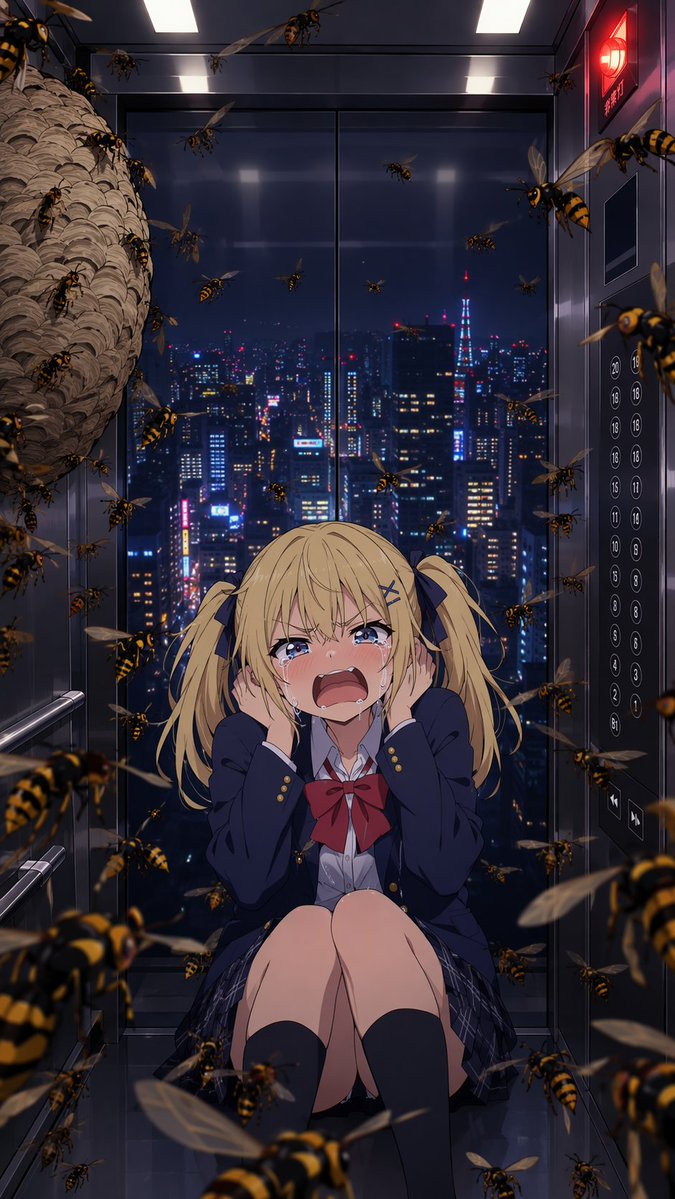 Terrified Anime Girl in Wasp-Filled Elevator