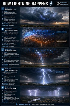 Educational Lightning Storyboard Infographic — Create a vertical 2:3 educational storyboard infographic, 5 horizontal scenes, cinematic realistic 3D science vis
