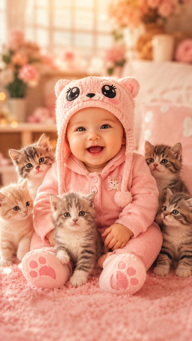 Cute Baby and Kittens Wallpaper