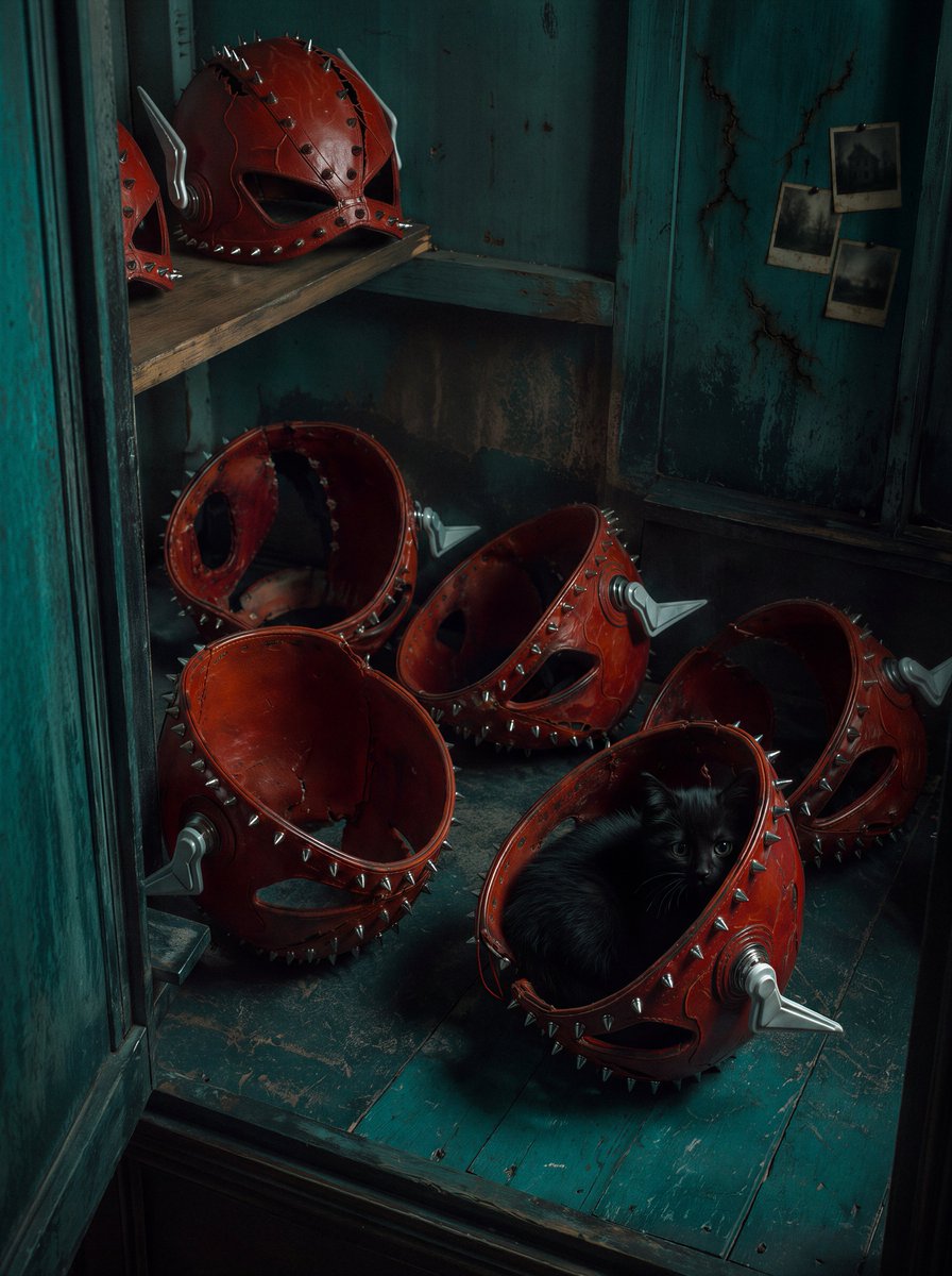 Red Spiked Mask Cabinet Still Life