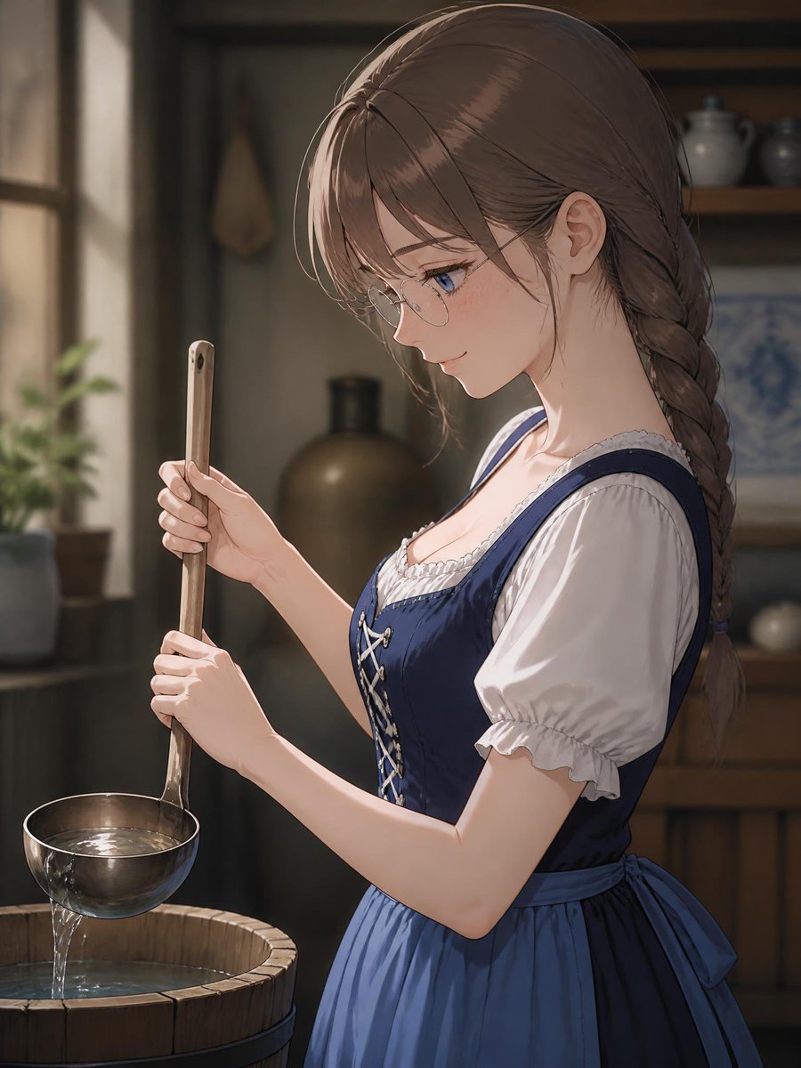 Anime Girl Holding Ladle in Rustic Kitchen