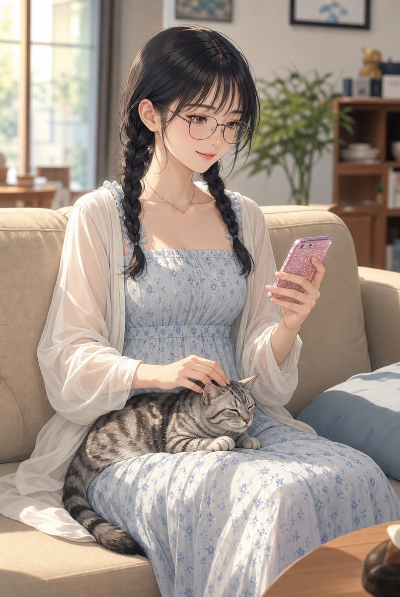 Anime Woman With Cat on Sofa