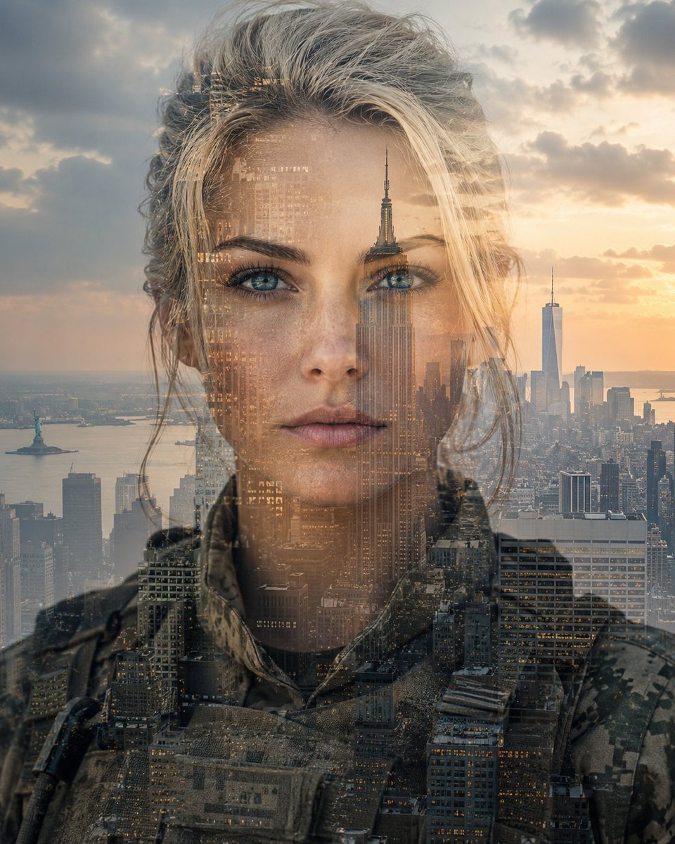 Double Exposure Soldier in Manhattan