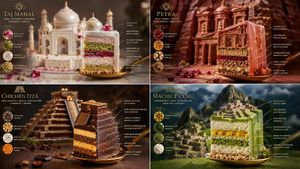 Edible World Wonder Cakes — 2x2 grid, 16:9, do this for 4 wonders of the world, ai picks the rest for flavor profile ..: {   "Scene_Type": "Macro Food Photograp