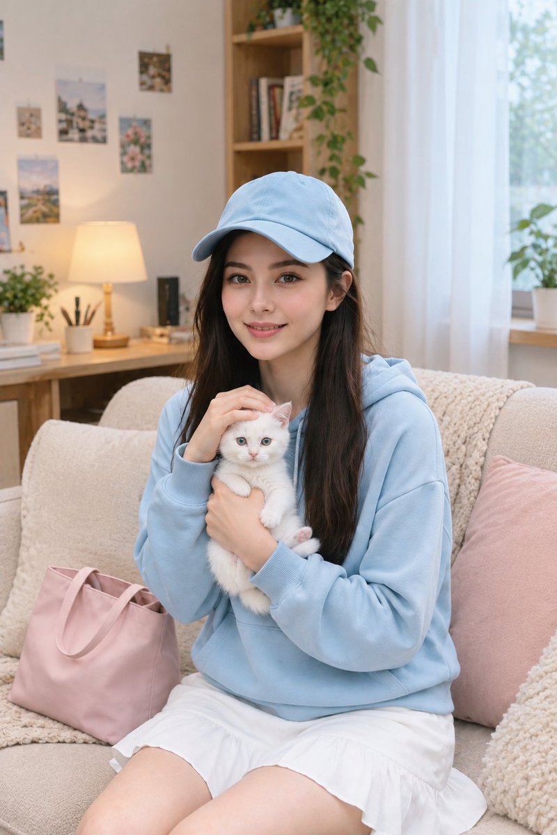 Lifestyle Portrait of Korean Woman with Kitten