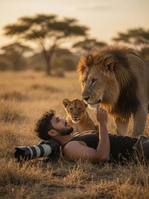 Photographer with Lion Cub in Savanna