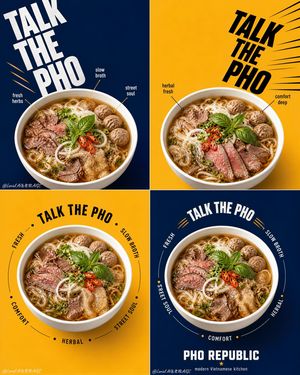 Pho Republic Campaign Grid — Create a flagship 2x2 campaign poster series for an original Vietnamese noodle brand named "PHO REPUBLIC", merging Orbit energy wit