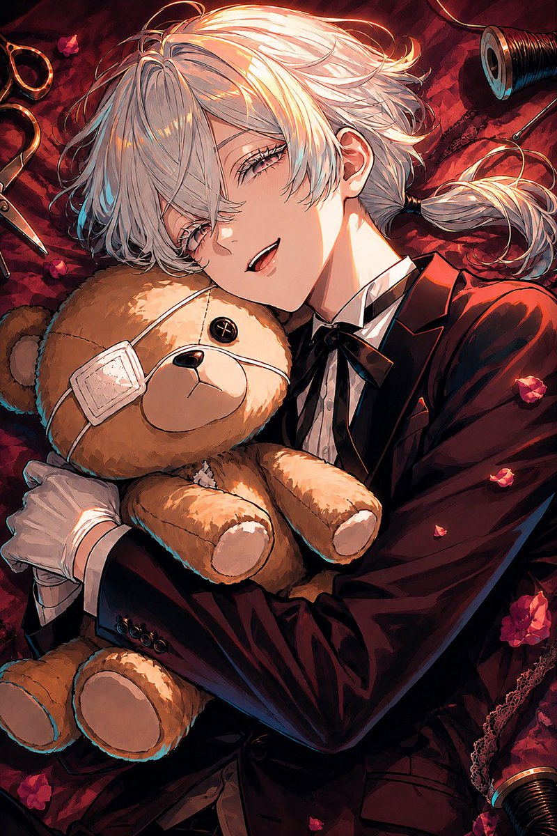 Gothic Anime Boy Hugging Teddy Bear