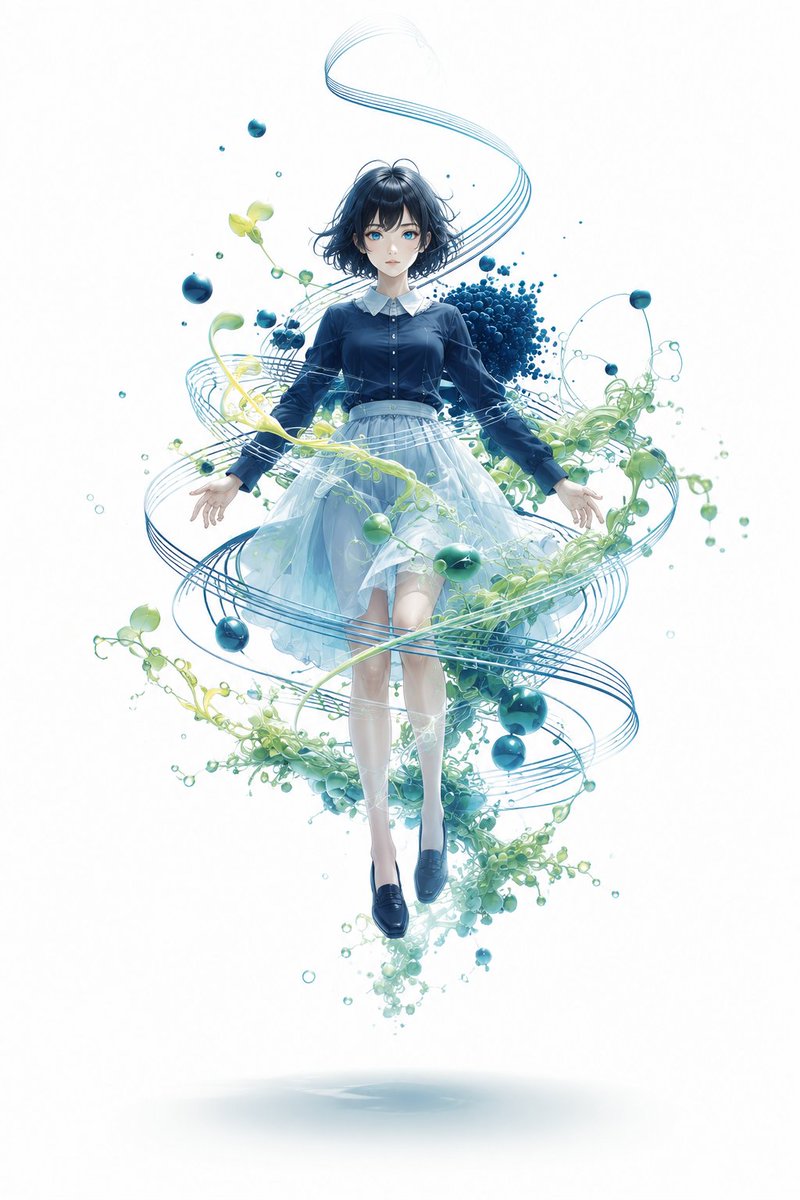 Floating Anime Girl with Teal Spirals
