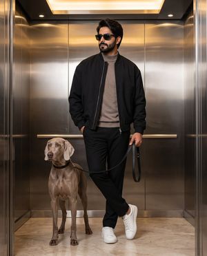 Stylish Man with Weimaraner in Modern Elevator — Ultra-realistic full-body fashion portrait of a {argument name="subject" default="stylish bearded man"} wearing