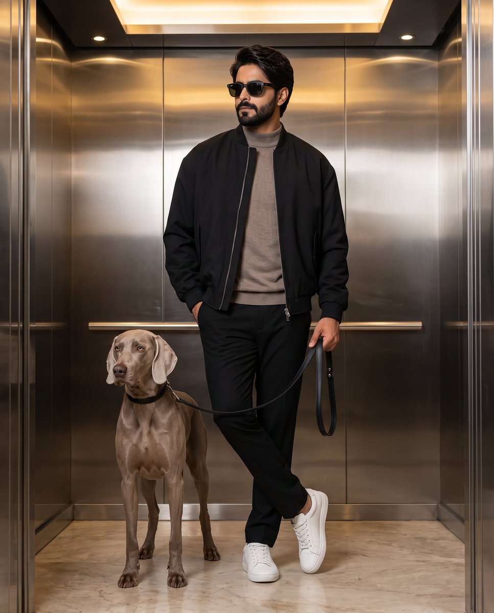 Social Media Post - Stylish Man with Weimaraner in Modern Elevator - Image 1