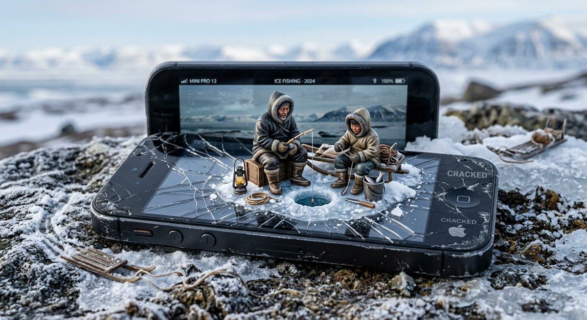 Social Media Post - Miniature Inuit Fishing on Cracked Phone - Image 1