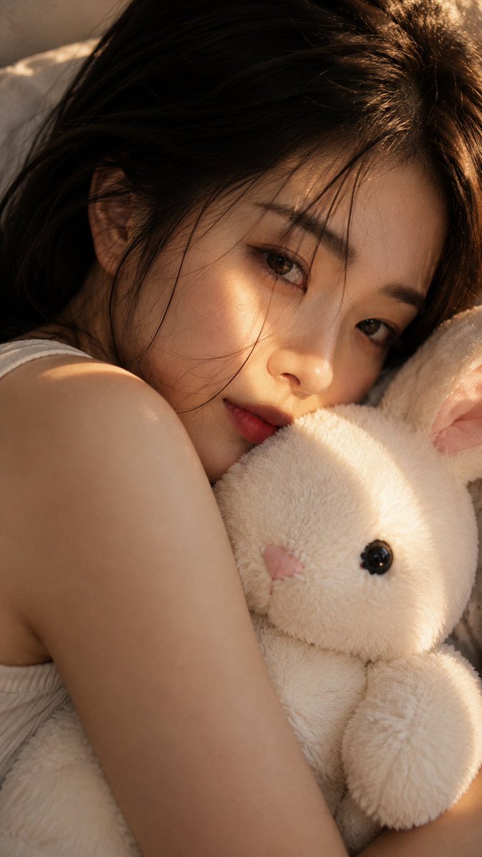 Woman with Plush Rabbit Close-up