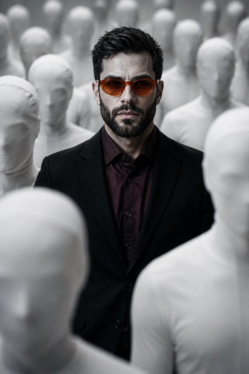 Surreal Man in Crowd of Faceless Figures