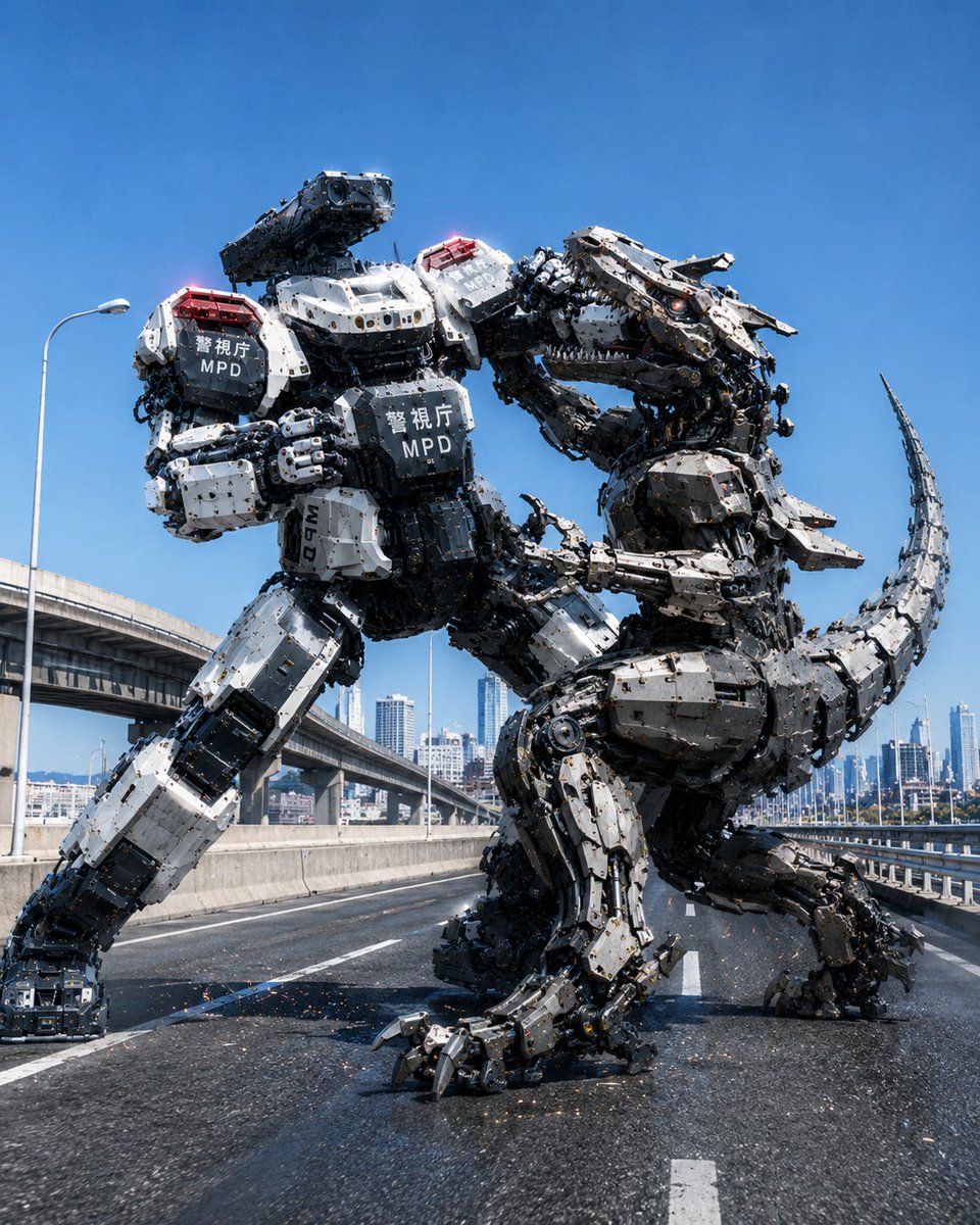 Police Robot Dinosaur Battle Scene