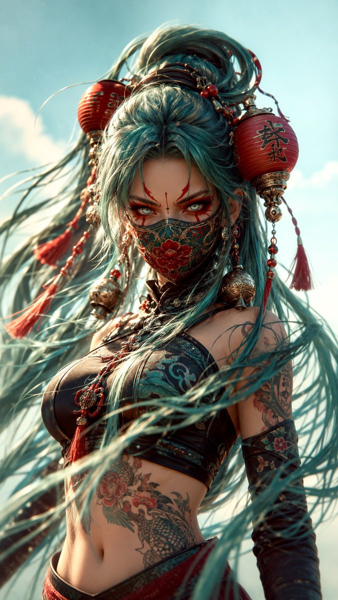 Futuristic Teal-Haired Warrior Portrait
