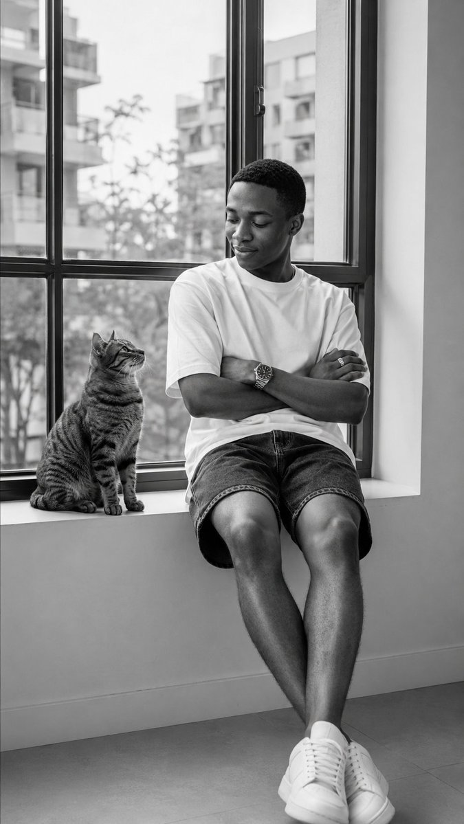 Black-and-White Windowsill Portrait