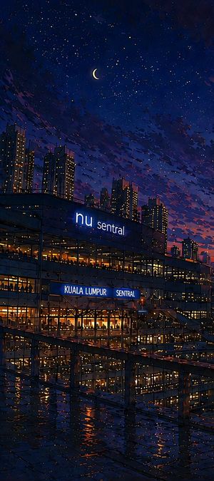 Anime Dawn at Kuala Lumpur Sentral — Create a tall vertical anime-style cinematic cityscape at blue hour just before sunrise, showing {argument name="location" 