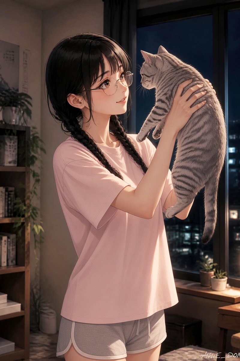 Anime Girl Holding Tabby Cat