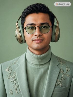 Mint Green Audiophile Portrait — Photorealistic studio portrait of a young man centered in frame against a seamless {argument name="background color" default="m