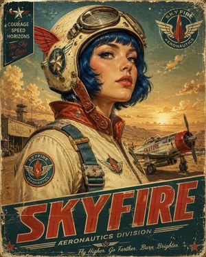Retro-Futurist Aviation Poster — Vintage retro-futurist aviation poster portrait of {argument name="subject" default="[HUMAN]"}, shown from the chest up in a he