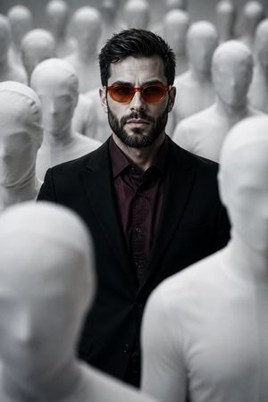 Surreal Faceless Figures Portrait — A cinematic, photorealistic portrait of a mysterious young man use image for face reference standing perfectly centered in a