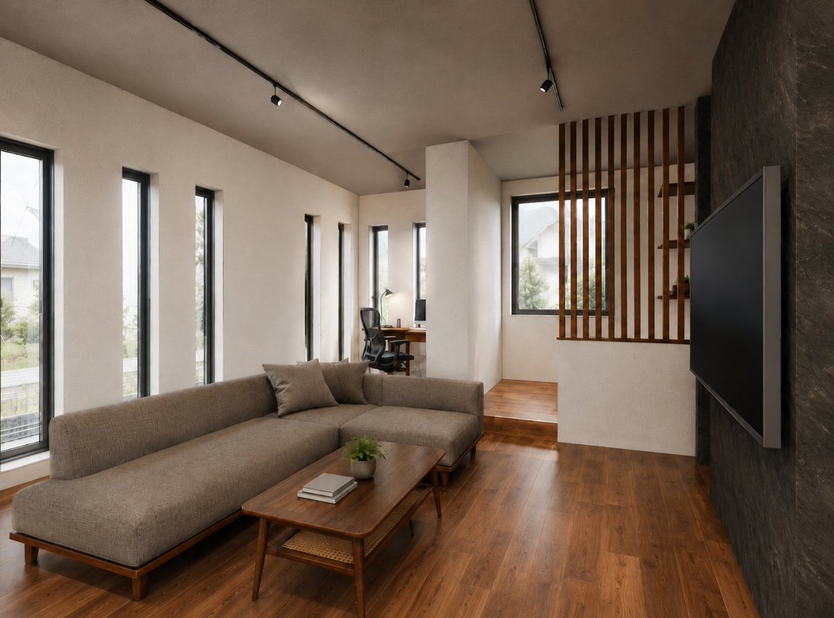 Warm Modern Japanese Living Room Render