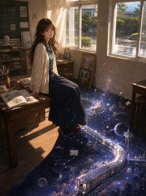 Galaxy Train in an Old Classroom — Create a cinematic vertical anime illustration of a quiet old art classroom after rain, where {argument name="character name"